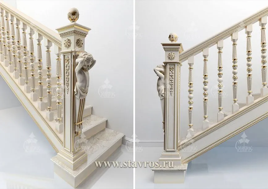 Carved staircase post with decorative angel figure in project RLE-010