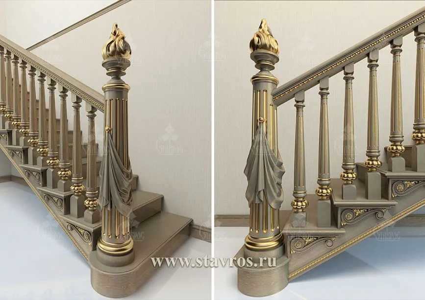 Wooden carved staircase RLE-011 with gilded elements and carved newels