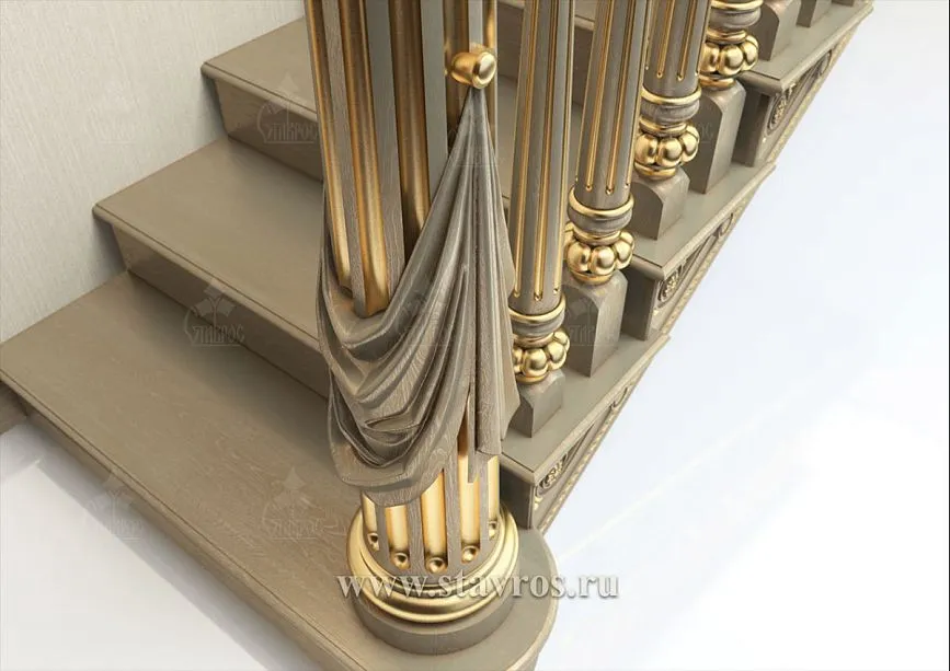 Decorative carved drapery on staircase newel, made of solid wood