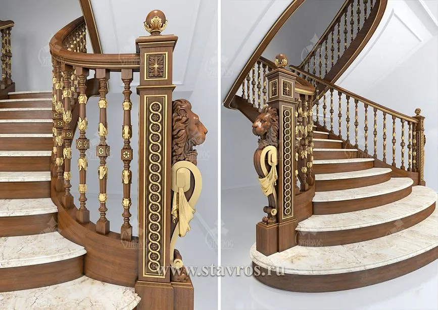 Wooden carved staircase RLE-012 with exclusive balusters and massive columns