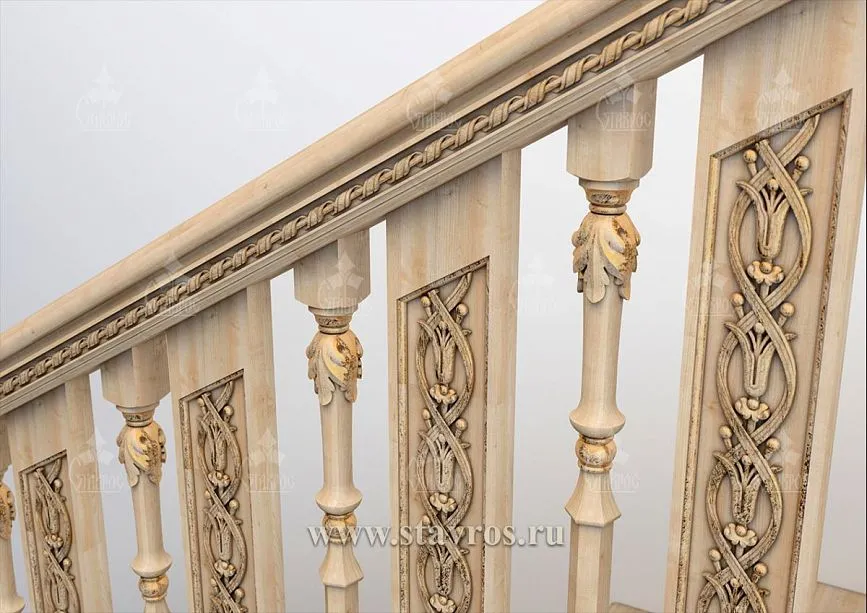 Railings and balusters of the RLE-030 staircase with an elegant carved pattern