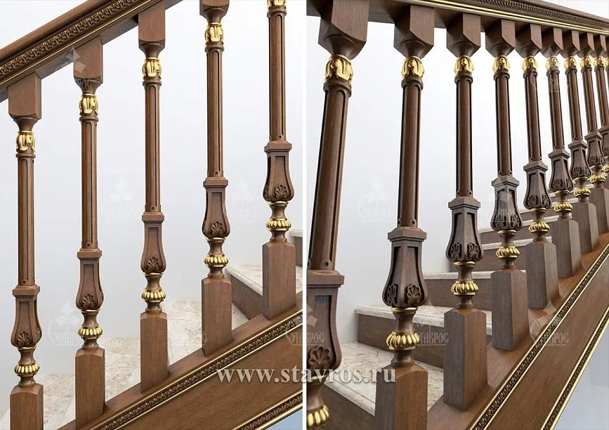 Detail of the balusters and gilded inserts on the staircase railing of project RLE-031