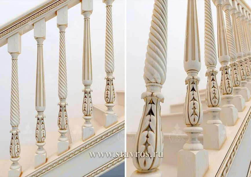 Carved staircase RLE-033 with classic balusters and gold-plated elements
