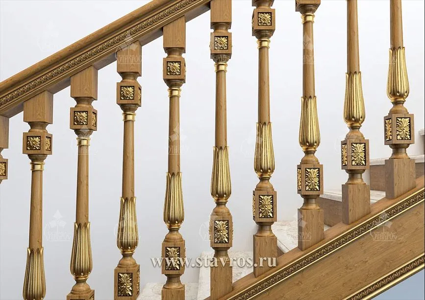 Fragment of staircase RLE-034 &ndash; carved wooden posts and decorative elements