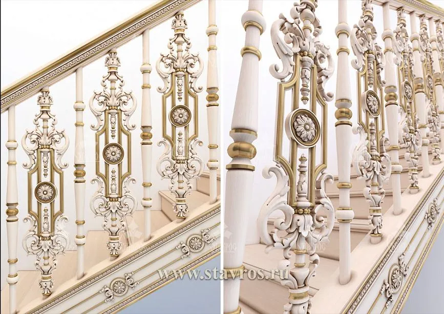 Decorative elements of the RLE-035 staircase &ndash; carving, gilding, and exquisite patterns