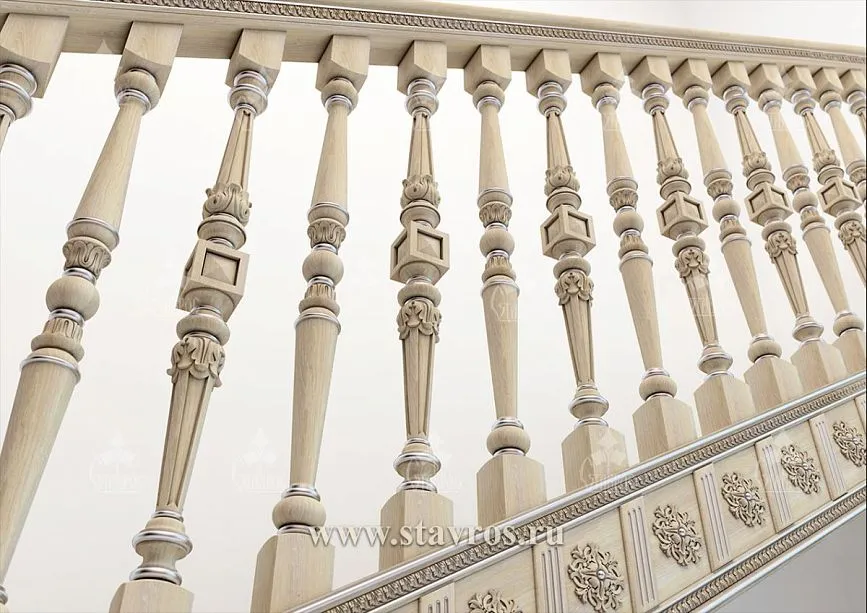 Handrails and balusters for staircase made of solid wood with decorative finish