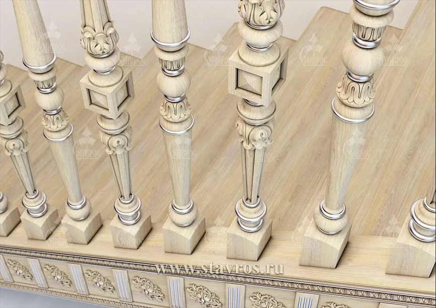 Staircase components: handrails, balusters, and carved posts