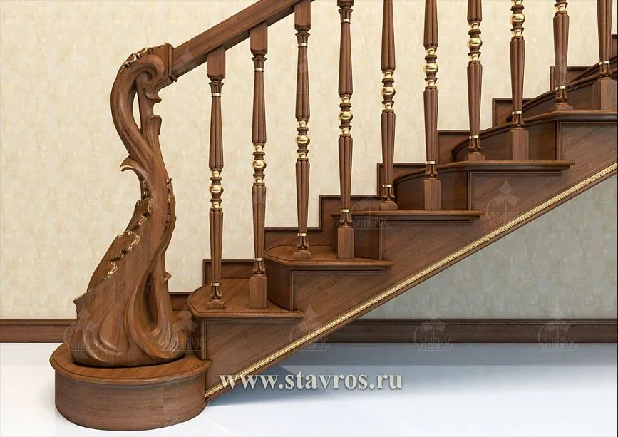 Luxurious classical staircase with balusters and gold elements