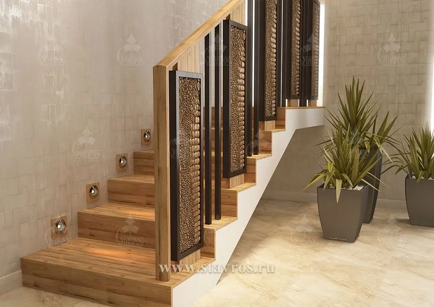 Wooden steps of the RLE-062 staircase with protective coating and carved treads