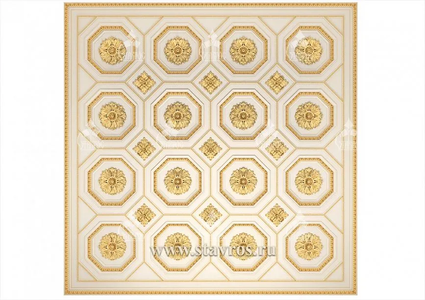 Coffered ceiling RP-003 with hexagonal modules and decorative rosettes