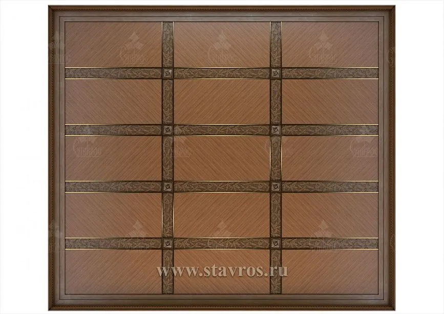 Wooden ceiling RP-005 with carved elements and metallic inserts.