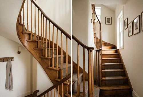Compact wooden railing for a narrow staircase