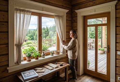 Classic-style window and door casings for a wooden house