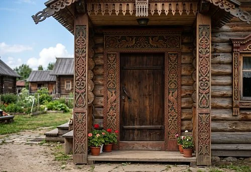 Carved window casings for a wooden house in traditional style