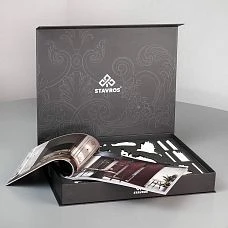 Showcase of molded decor SOPU-001 STAVROS with branded box, catalog and polyurethane samples