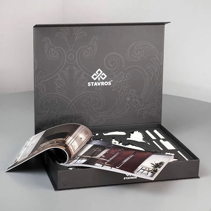 Showcase of molded decor SOPU-001 STAVROS with branded box, catalog and polyurethane samples