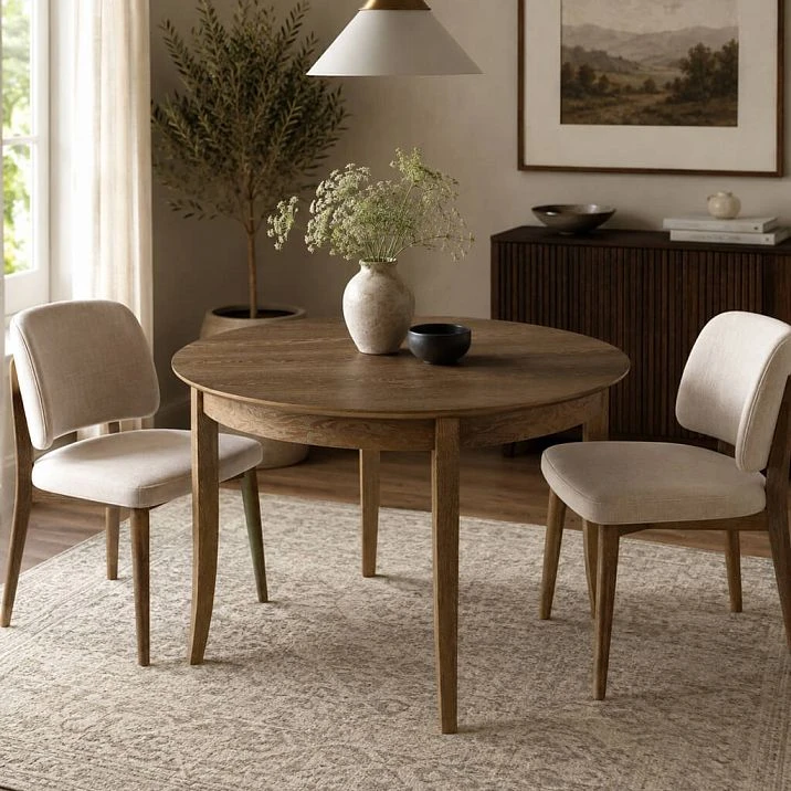 Interior with a round solid wood table Chester 002-012 in eco style
