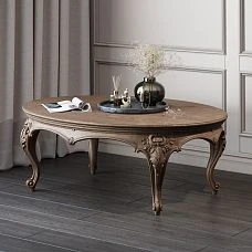 Coffee table made of solid wood, interior photo