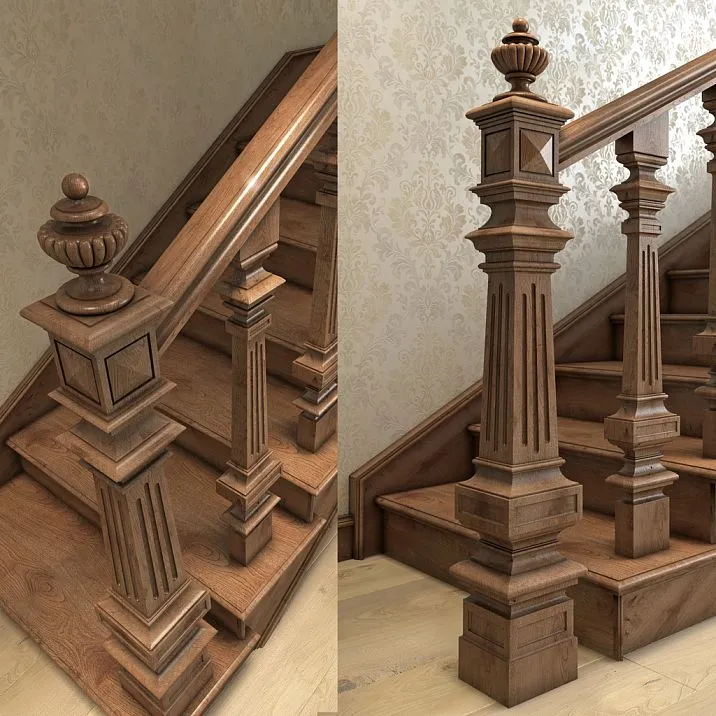 Carved posts with wooden staircase photo