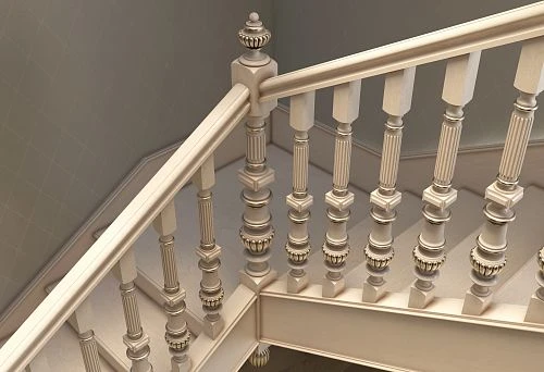 Carved baluster post in light color with golden decorative elements