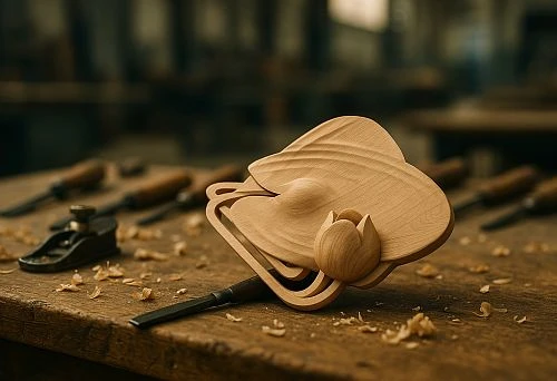 Carved wooden blank in the shape of a flower on a carpenter's workbench with tools