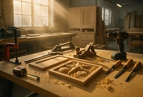 Carpenter's workbench with tools and carved wooden furniture decor in the workshop