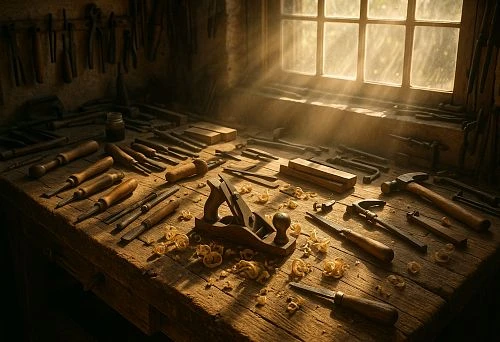 Woodworker's workbench with tools and wood shavings in sunlight