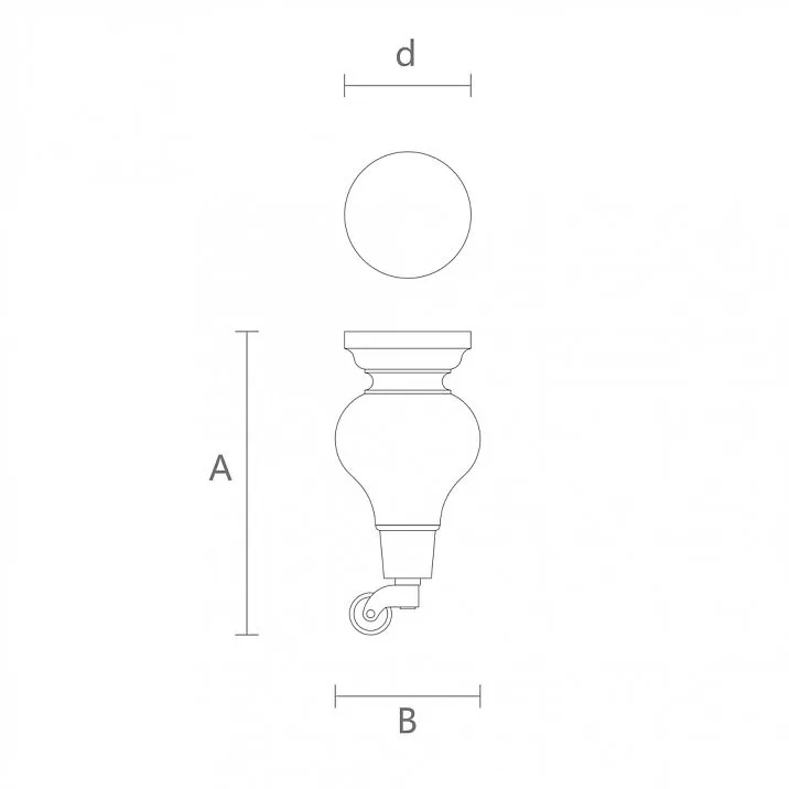 Wooden furniture leg for chair with wheels, drawing