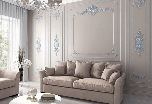 Elegant sofa with neutral beige upholstery and wooden frame