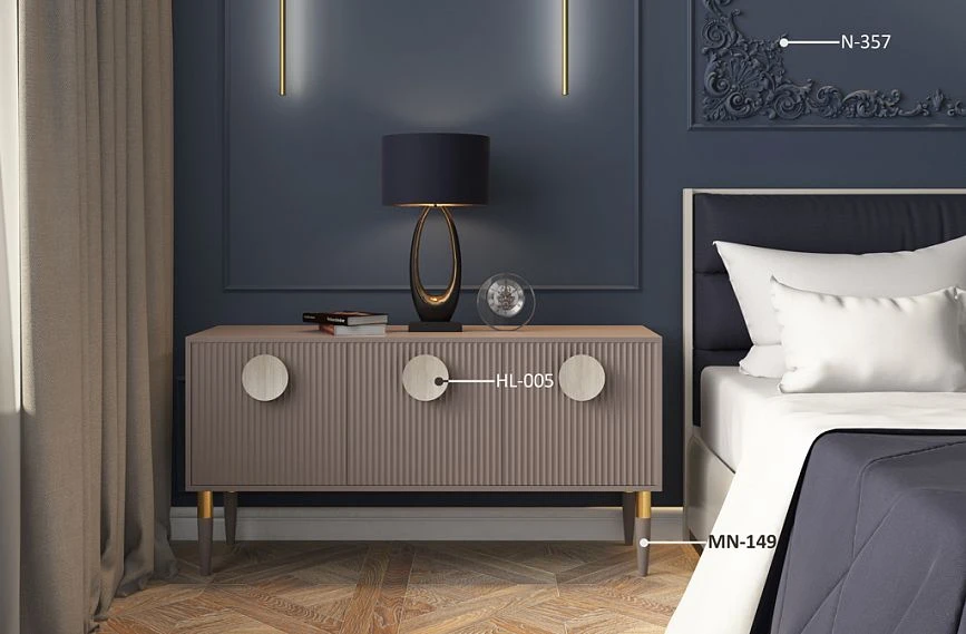 KMD-003 dresser in a modern interior with decor including carved appliqu&eacute;s, Luna furniture handles, and turned legs with metal inserts.