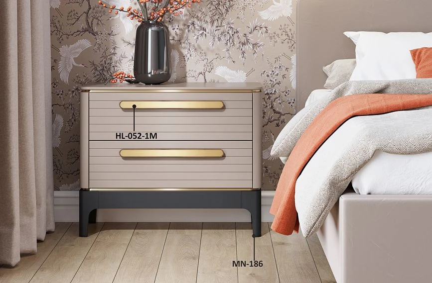 Bedside table KMD-029 with modern decoration, including handles HL-052-1M and legs MN-186.