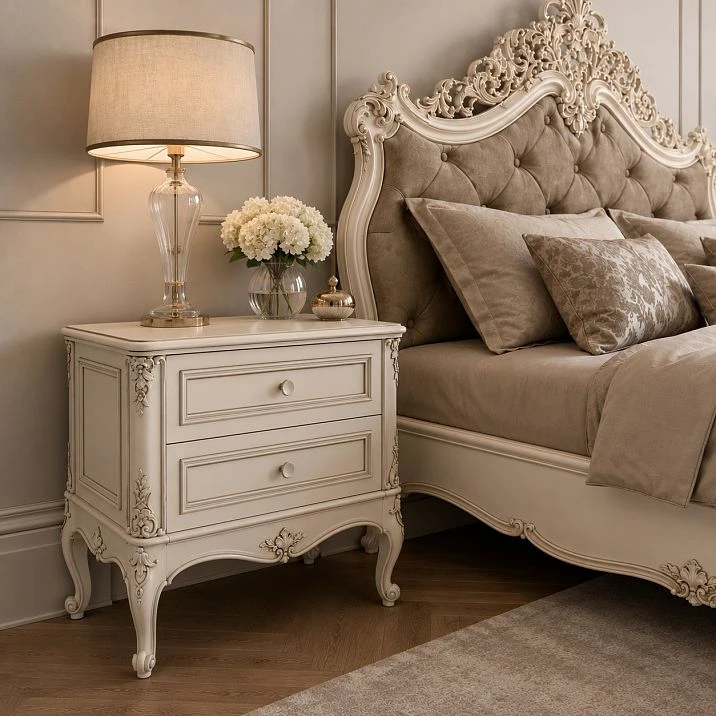 Versailles Nightstand 012-001 in white enamel RAL 9010 with carved decorative elements