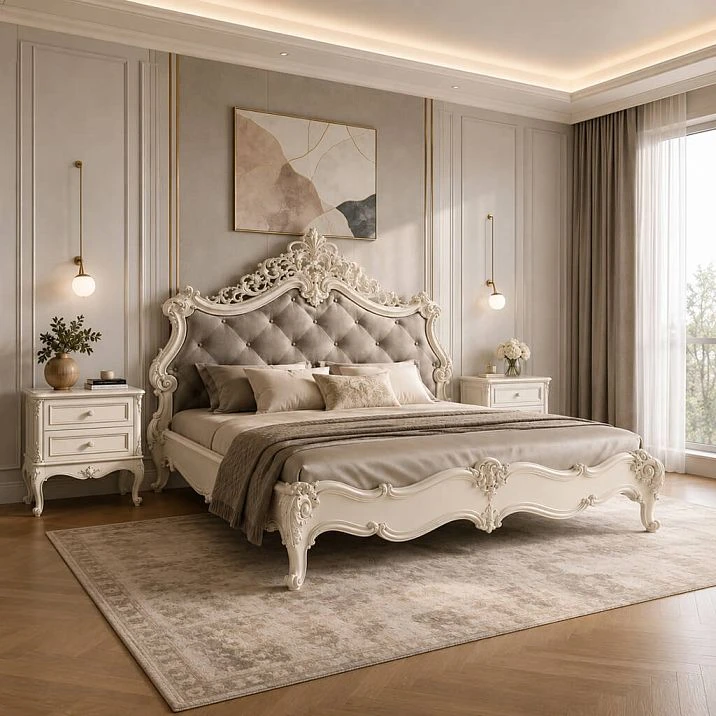 Bedside table Versailles 012-001 and Bed Versailles 001-001 with decorative classic-style design.