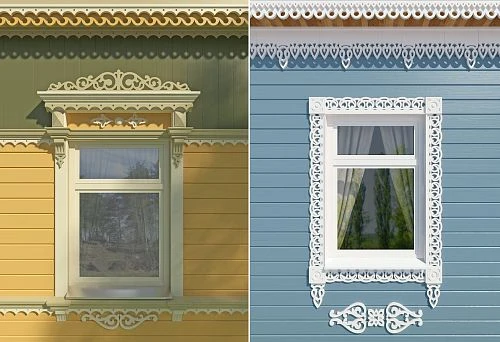 Wooden House with Yellow Facade and Carved Window Frames in Russian Style.