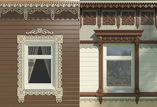 Window with white carved platband in Russian style against brown facade background