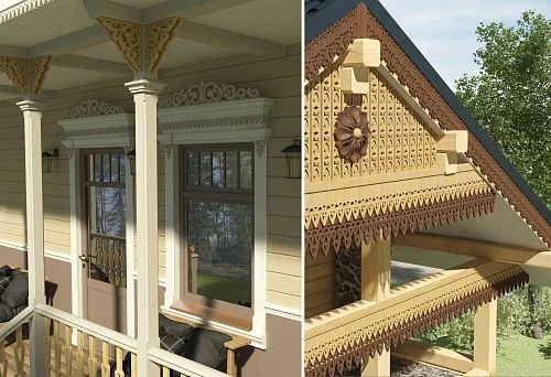 House facade in Russian estate style with windows adorned with carved window casings.