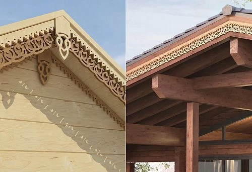 Facade of a wooden house with carved decorative cornice in Russian style.
