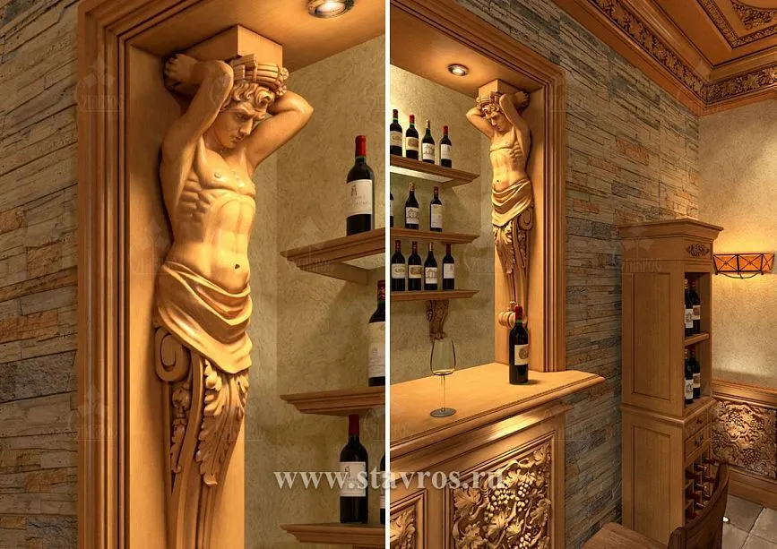 Statue in classical style surrounded by decorative wine cabinets and carved elements