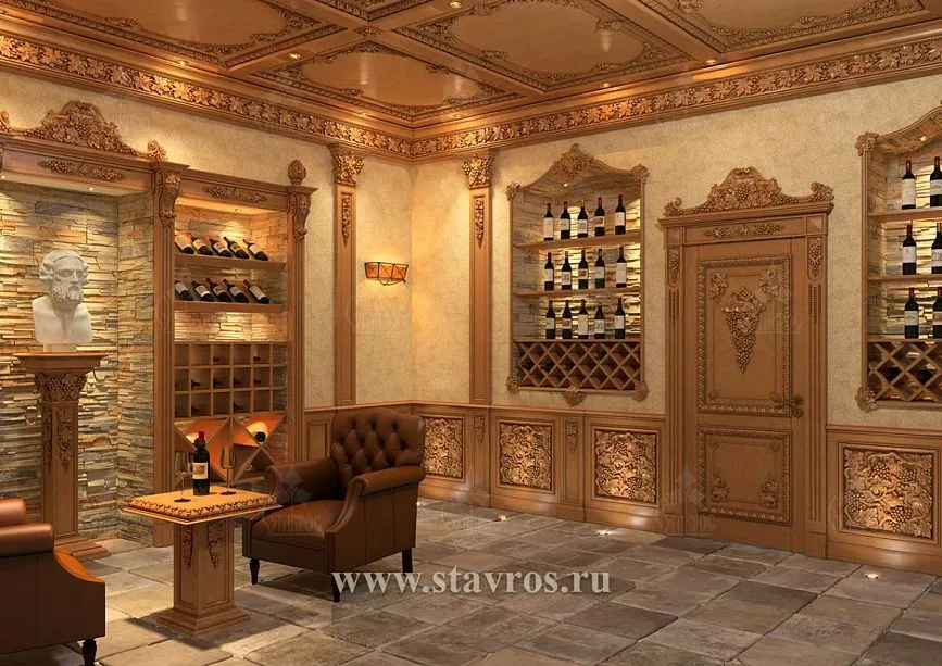 Elegant wine room with massive wooden shelves, cozy lighting, and a relaxation zone