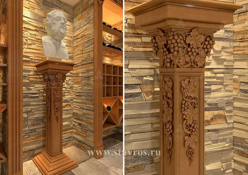 Carved column with artistic capital and stone cladding in the wine cellar interior