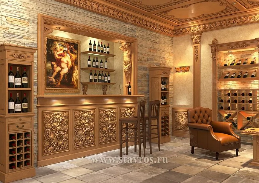 Classic bar counter with carved facades and built-in wine cabinets