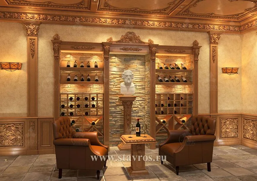 Elegant wine room with wooden shelves, cozy lighting, and tasting zone