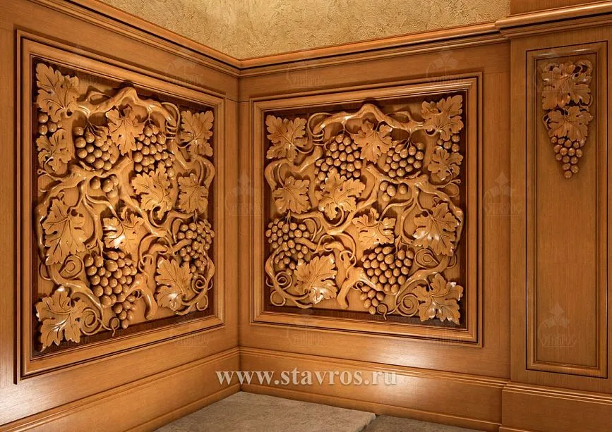 Luxurious wine cellar corner with carved wooden panels and three-dimensional ornaments