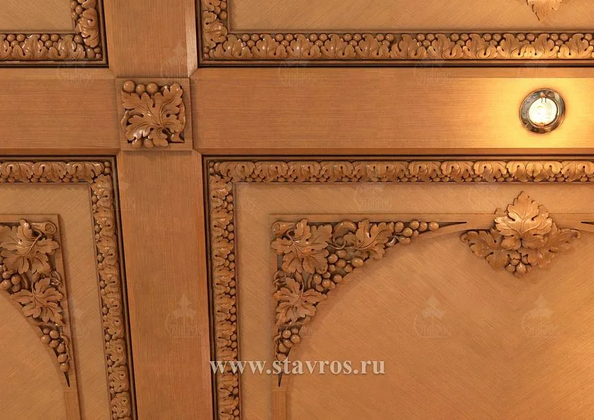 Intersection of ceiling beams with decorative patterns and stucco
