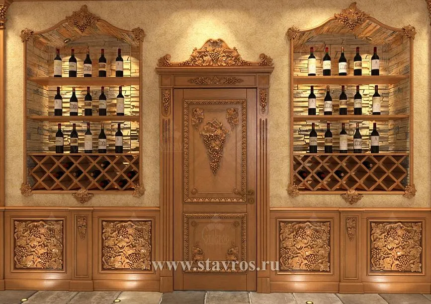 Classic wine cabinet with carved facades, columns, and wine niches