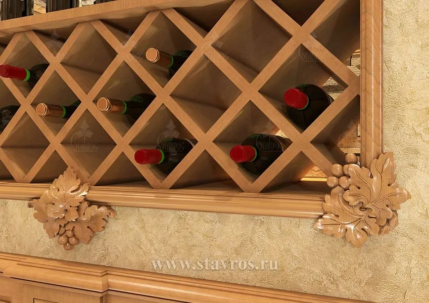 Wooden lattice wine shelf with carved elements and decorative details