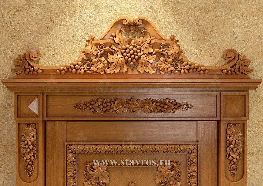 Carved wooden opening with grapevine motifs and decorative elements