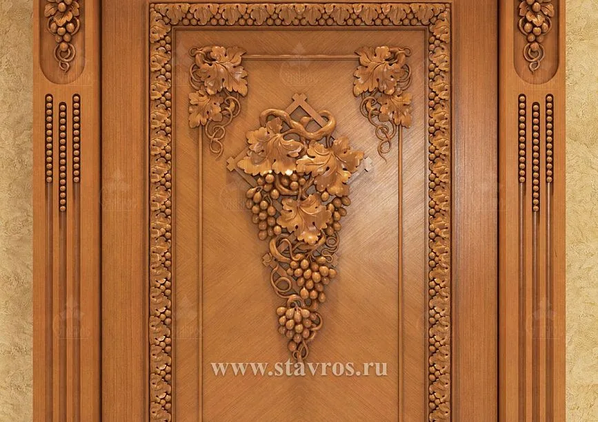 Luxurious wooden panel with three-dimensional grapevine ornament and hand-carved detailing