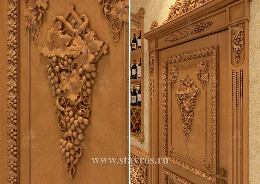 Fragment of wine cellar entrance door with exquisite carved decoration and wine niches