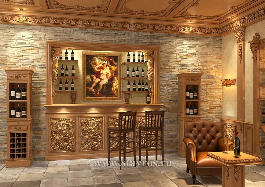 Elegant wine room with bar area, wooden cabinets, and cozy tasting zone